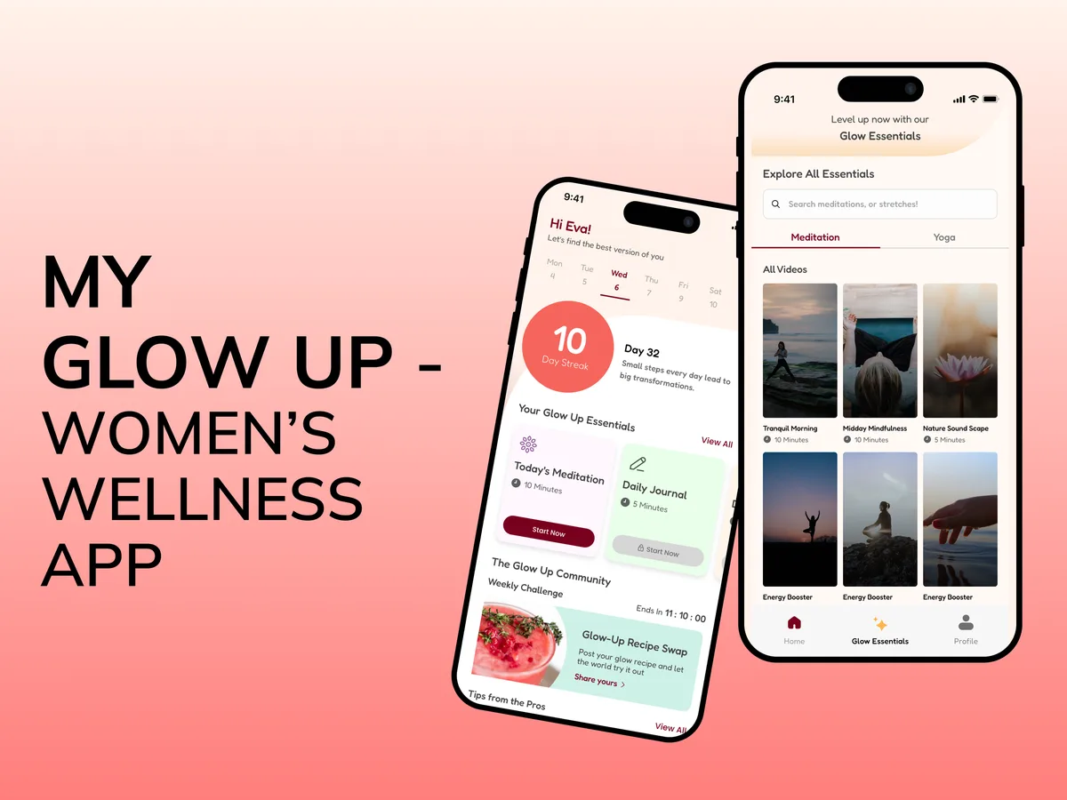 MyGlowUp app — A wellness companion app for cultivating confidence, clarity, and calm through daily guided journaling, meditation, and movement routines.